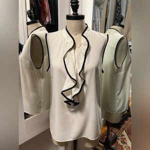 Calvin Klein Sleeveless Cream Blouse with Ruffles & Black Piping, Size Large